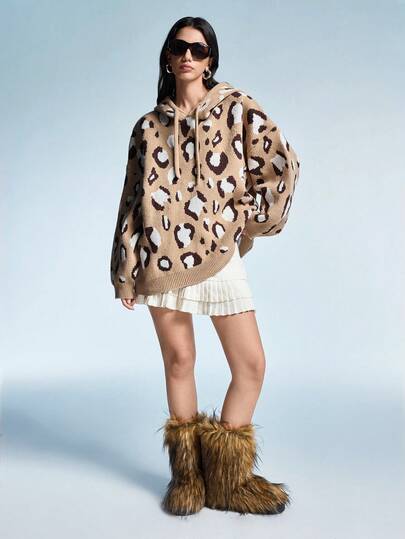 GENKIRA Suéter casual y versátil de mujer con capucha y estampado de leopardo en tonos marrones para otoño/invierno