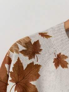Linhara Plus Size Women Casual Maple Leaf Pattern Raglan Sleeve Loose Pullover Sweater, Autumn/Winter - Brown - View 3