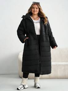SHEIN CURVE+ Abrigo largo con capucha grueso de invierno para tallas grandes Shine Curve - Negro - Ver 4