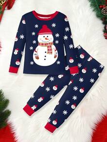 Conjunto de pijama azul marinho para menino de Natal, 2 peças, estampa de boneco de neve e floco de neve, que brilha no escuro, tecido de malha elástica, blusa e calça de manga comprida confortáveis