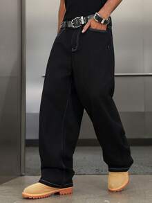 Manfinity ZONE917 Men's Casual Fashion Street Letter Print Contrast Stitch Loose Wide-Leg Jeans, Belt Not Included Baggy Thick Graphic Black College Street Couple For Skater - Black - View 6