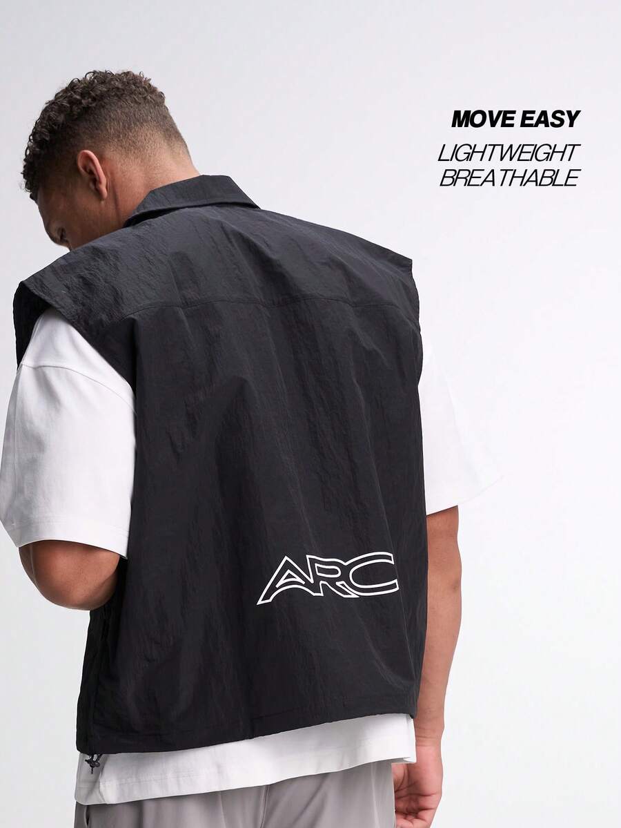 Men's Letter Print Zip Front Jacket Vest - Black - View 1