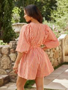 KARISMINA 女式梭织格子V领泡泡袖连体裤 - 橘色 - 查看 2