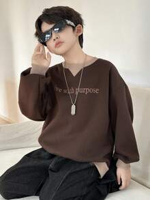 DAZY Sudadera de cuello redondo de manga larga con estampado simple de bloques de color para niños (niños grandes), otoño - Marrón - Ver 3