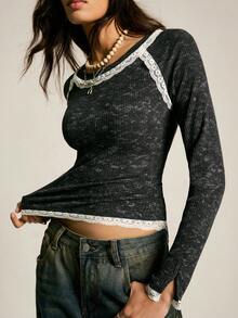 SoleilVie 女士圆领插肩袖蕾丝花边拼接优雅T恤 - 黑色 - 查看 6