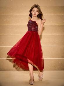 Tween Mädchen-Kleid im eleganten, klassischen Stil, Burgund & Metallic Silber Folie, Langarm, tailliert, luxuriöse doppellagige, weiche Tüll Volant Kleid, Abendkleid - Bordeaux - Übersicht 3