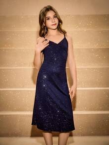 Girls' Elegant Spaghetti Strap Ruched Slit Halloween Christmas Party Dress, Fitted & Snug Fit - Blue - View 6