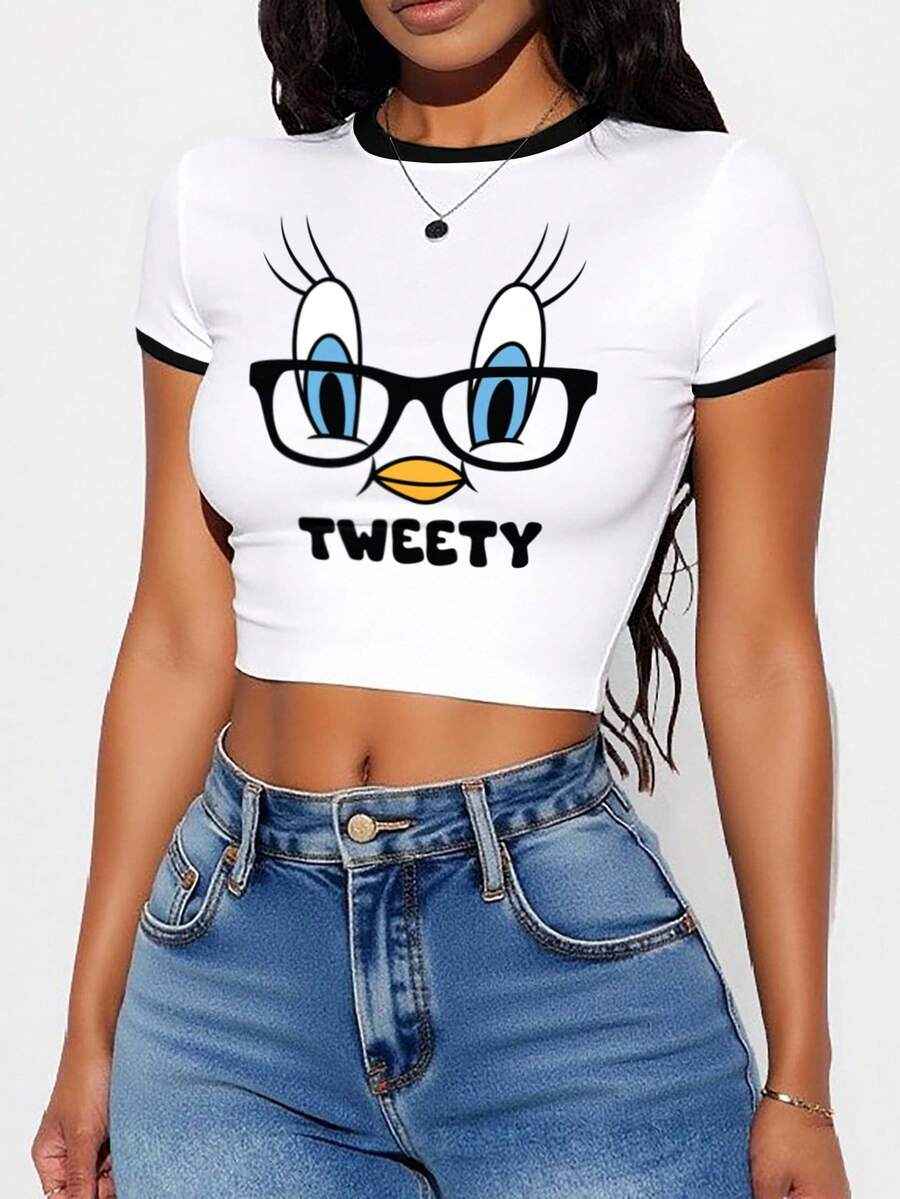 LOONEY TUNES X SHEIN Women Summer Cartoon Graphic Crop T-Shirt - White - View 1
