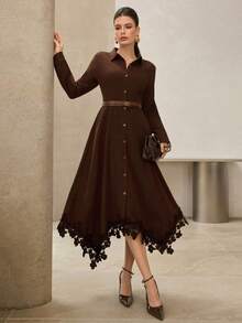 Modelyn 1 st elegant damklänning med enkelknäppt krage, långa ärmar, asymmetrisk fåll, lapptäcksdesign - Brun - Visa 4