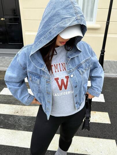 SHEIN ICON 大尺寸女士寬鬆休閒帽裝牛仔外套，下垂式長袖，適用於春秋季節