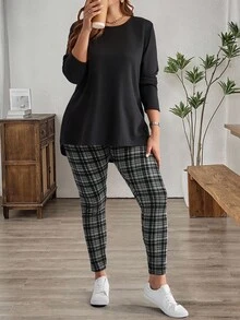 EMERY ROSE Bộ áo thun đen và quần legging kẻ caro dành cho nữ, trang phục mặc nhà mùa đông, quần kẻ caro nữ, bộ đồ mặc nhà 2 mảnh cho nữ, bộ đồ kẻ caro nữ, phong cách thường ngày. - Nhiều màu - Xem 3