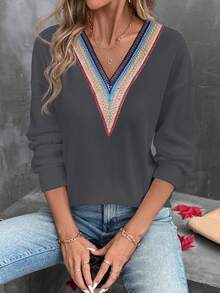 SHEIN LUNE Maglietta da donna a maniche corte, con scollo a V, in tessuto colorato e comodo, con inserti in pizzo, adatta per l'autunno - Grigio Scuro - Visualizzare 5