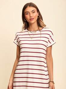 SHEIN LUNE Round Neck Pocket Striped Casual Comfortable Straight Cut Basic Women Dress,Shirt Dresses For Women