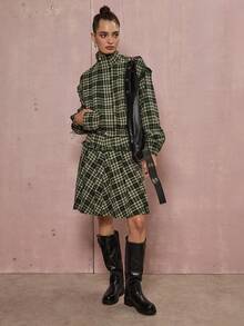 COUREZ Frill Insert Pleated Check Skirt /Y2K Fall Winter Clothes Going Out Outfit For Women Midi Skirt Winter Clothes Winter Skirt 2 Piece Cute Cottagecore Outfits