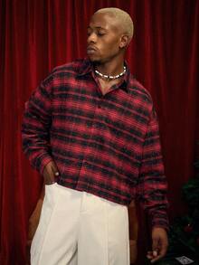 PAVTROS Manfinity Streetrush 男士街头风流行INS风男士休闲水钻装饰短袖衬衫/长袖衬衫，街头服饰，保暖冬季，圣诞节，男友礼物，红色格子衬衫 - 紅色 - 查看 3