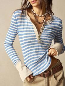 Bohemela 秋冬万圣节音乐节圣诞节休闲条纹长袖修身女士T恤 - 淺藍色 - 查看 1