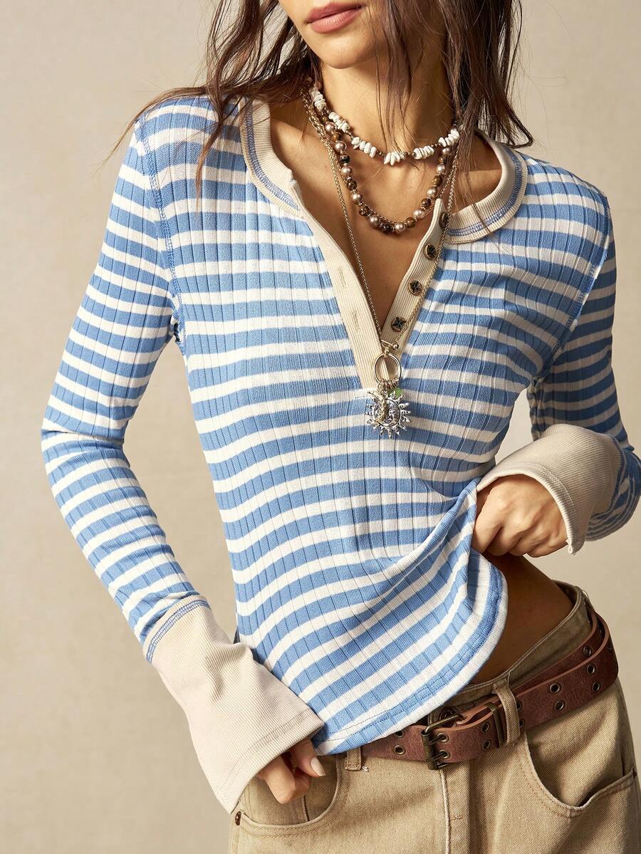 Bohemela 秋冬万圣节音乐节圣诞节休闲条纹长袖修身女士T恤 - 淺藍色 - 查看 1