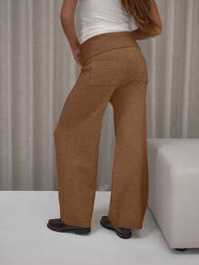 MUSERA Calça de Perna Larga com Cintura Dobrada, Elegante, Fofa, Sexy, Streetwear, Outono, Noite, Festa, Elegante, Natal - Chocolate - Visão 5