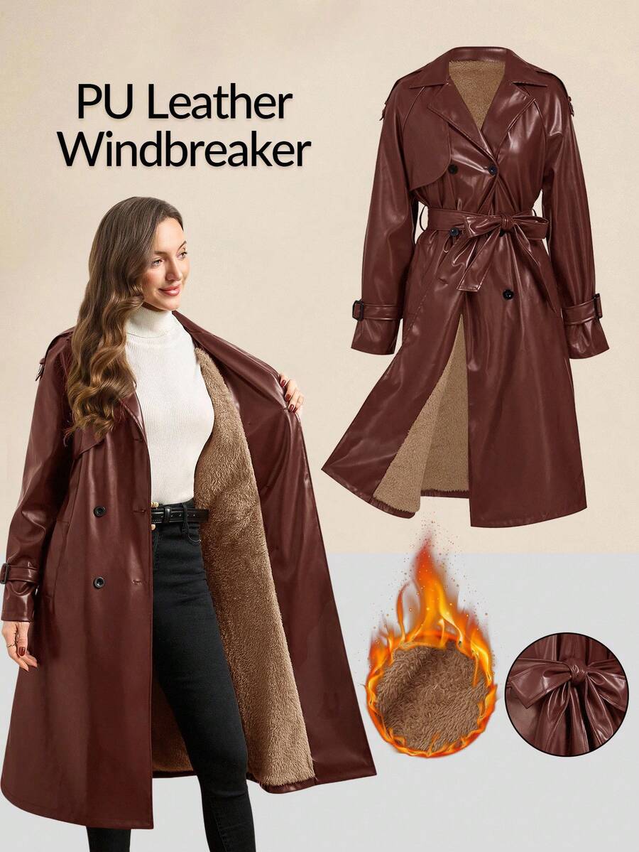 Ellevyn 安哥拉红色 PU 皮革保暖内衬系带长袖长款风衣 - 紅木色 - 查看 1
