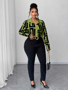 Maweii Plus Size Women Colorblock Long Sleeve Printed Shirt - Green - View 5