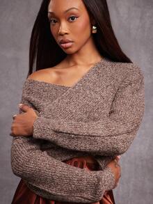 NYA SZN 长袖V领宽松罗纹针织毛衣，适合日常休闲、活动、婚礼、早午餐、秋冬季节、节日庆典等场合。 - 棕色 - 查看 1