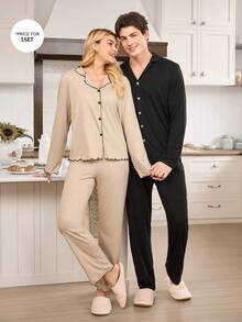 CoupledUp Soft & Comfortable Button Top & Pants Casual Loungewear Pajama Set For Men, Fall Winter Clothes - Black - View 4