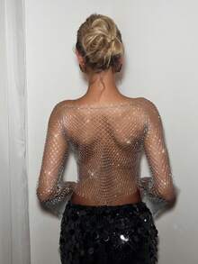 EgrlEra Top corto de red con strass, adecuado para bar, fiesta, festival de música - Plateado - Ver 2