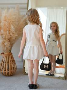 Girls Contrast Color Splicing Pocket Floral Waistcoat Cardigan Top And Ruffle Floral Skirt Set, Summer - White - View 2