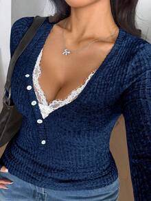 Vibekara Celure 大码女装休闲针织 V 领蕾丝拼布纽扣装饰长袖秋冬上衣 - 藏蓝色 - 查看 3