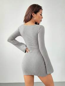 SHEIN PETITE Đầm ôm sát cổ tròn tay loe trơn - Xám - Xem 2