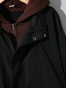 SHEIN Teen Boys' Casual Comfortable Versatile Color Block Hooded Jacket Fall Autumn And Winter Clothes Suitable For Commuting, School, Daily Casual, Vacation, Outdoor, College Party Bomber Jacket - Black - View 6