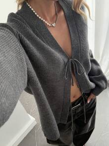 DAZY 女士宽松商务休闲V领纯色针织开衫，秋冬 - 灰色 - 查看 1
