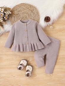 SHEIN Vintaside Kids Baby Girls Floral Lace Trim Cardigan Sweater & Knit Pants 2-Piece Set, Fashion Cute Outfit, Soft & Comfortable, Suitable For Spring, Autumn, Winter, Daily Wear, Outings, Travel, Vacation, Home, Daycare, Baby Girl Play Autumn And Winter Two Pieces Suit Cozy Pixies Baby Girl Set Baby Girl Knitted Outfits Baby Girl Warm Sets Light Purple Outfits For Babies