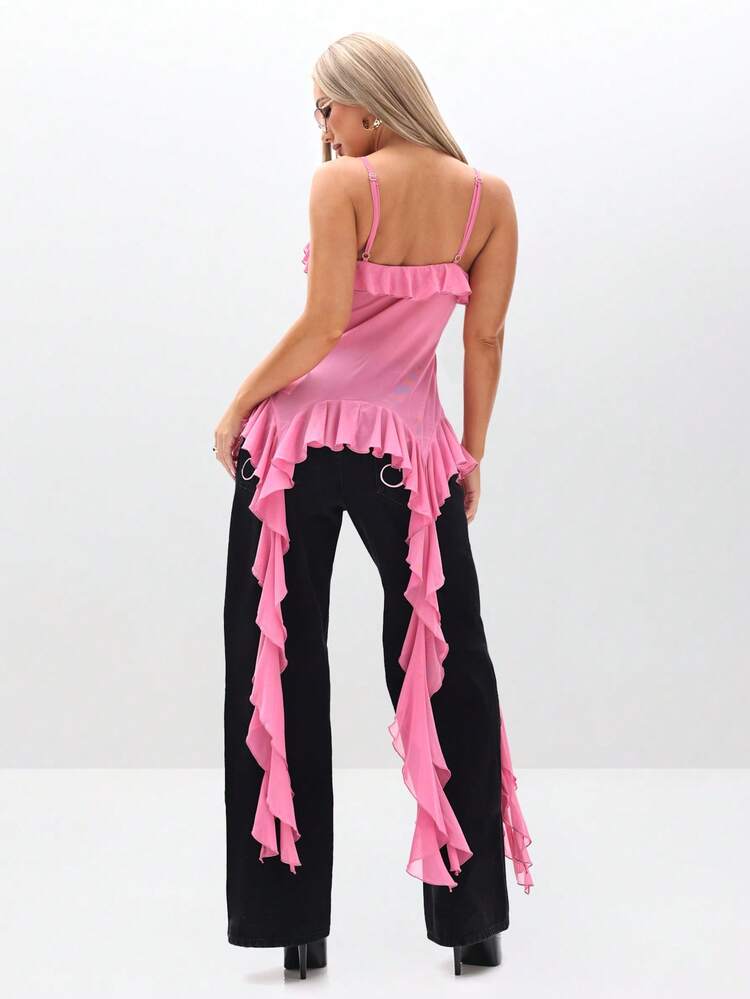 BABYPHAT Strappy Ruffle Cami Top With Waterfall Mesh Details And Tie Front Closure