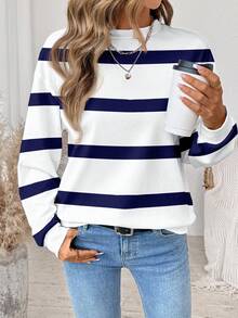 SHEIN LUNE 休闲简约白色藏蓝色条纹印花圆领宽松长袖卫衣，适合秋冬季节穿着，藏蓝色条纹长袖秋季上衣，休闲百搭 - 彩色 - 查看 5