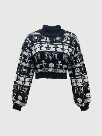 Goth Maglione girocollo in maglia jacquard con motivi gotici scuri, anch e creature mitologiche, per donna