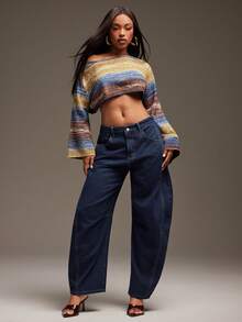 Denimoi Off Shoulder Cropped Striped Pattern Sweater - Multicolor - View 3