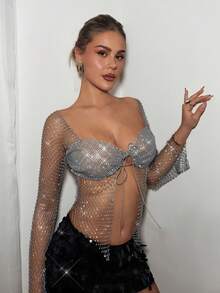 EgrlEra Top corto de red con strass, adecuado para bar, fiesta, festival de música - Plateado - Ver 3