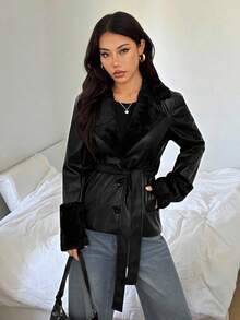 SHEIN PETITE Women's Fashion Versatile Faux Fur Patchwork Regular Jacket Black Leather Jacket Women Belted Leather Jacket In Fall/Winter