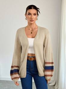 SHEIN Tall Women Casual Color-Block Striped Cardigan Thanksgiving Winter , Autumn/Winter, Daily Wear, Tall Women - Apricot - View 3