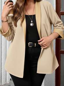 EMERY ROSE Plus Size Women's Casual Personalized Patchwork Leather Jacket, Spring/Autumn/Winter - Apricot - View 5