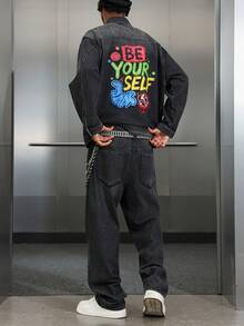 Manfinity ZONE917 Autumn Street-Style Washed Black Fitted & Loose Graffiti Distressed Shadow Denim Set Men 2 Pieces Set Men Black Denim Set