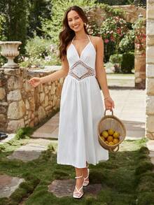 KARISMINA Textured V-Neck Halter Tie Backless Ruched Peplum A-Line Midi Dress For Vacation & Leisure,Sun Dress,For Summer Vacation,Women Summer Clothing