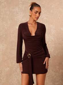 Lumalex Fall Winter Plunging Neck Waist Cinched Metal Decor Flounce Long Sleeve Shiny Fabric Bodycon Mini Dress For Women Eleganza Glamour Elegant New Style Women Luxury Prom Gathering Party Banquet Modest Old Money Coquette Glitter Holiday Party Rave Festival Outing Vacation Hot Outdoor Richly Layered Wedding Season Banquet Christmas New Year Chocolate Brown Dress Long Sleeve Elegant Dress Dark Brown Dress Coffee Brown Dress