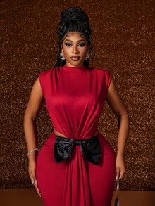 Maweii Plus Size Women's Elegant Color Block Sleeveless Ruched Shoulder Design 3D Bow Decor Party, Christmas, Birthday Dress, Date Night Maxi Dress