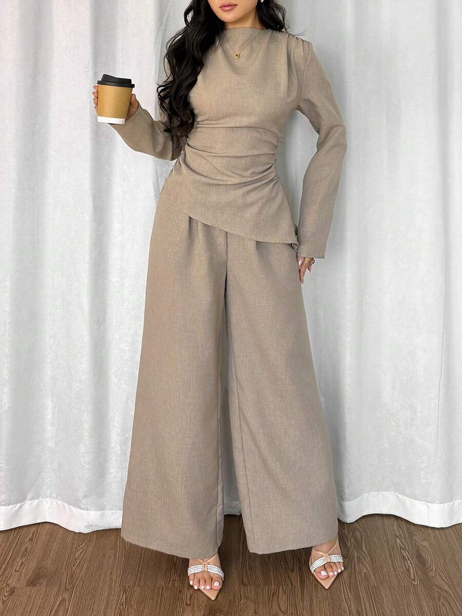 Modelyn Women's Solid Color Long Sleeve Cinched Waist Asymmetrical Hem 2 Pieces Set Two Piece Women Sets Pants Wide Leg Pants Set Modest Two Piece Set 2 Piece Casual Sets Woman Comfortable Two Piece Set