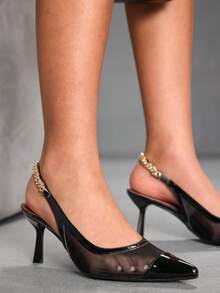 CUCCOO SZL Sepatu Hak Tinggi Wanita Ujung Lancip, Dekorasi Rantai Logam, Bagian Atas Jala, Lapisan Merah Seksi, Desain Tanpa Punggung Elegan, Sandal Hak Asimetris - Hitam - View 8