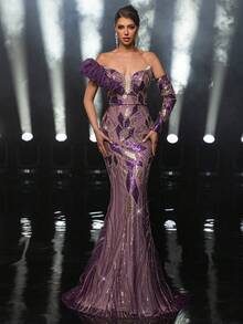 Glamrae 优雅奢华的紫色亮片刺绣3D立体落肩不对称领口美人鱼正式晚礼服 - 紫色 - 查看 6