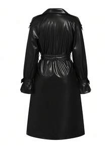 Ellevyn Women's Thermal Lined PU Leather Long Trench Coat, Autumn/Winter,Fall,Fall Clothes For Women - Black - View 7