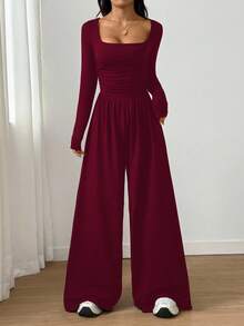 SHEIN Unity 1 件女式方领纯色修身优雅长袖连体裤 - 酒紅色 - 查看 4